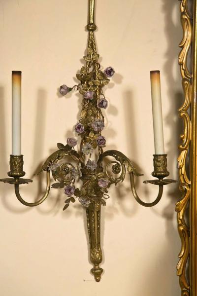 French Belle poque Style Brass Wall Sconces Florette And Foliate Two Arms Each
