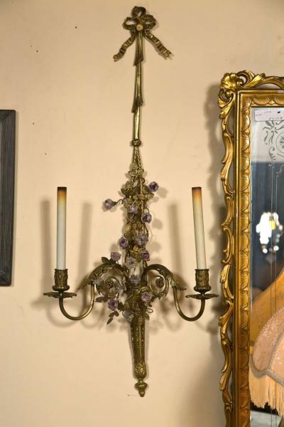 French Belle poque Style Brass Wall Sconces Florette And Foliate Two Arms Each