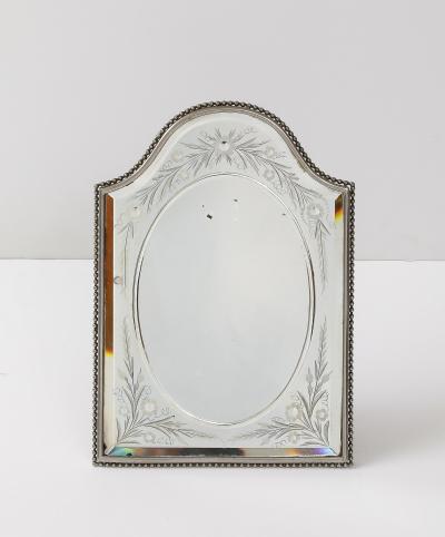 French Beveled and Etched Vanity Table Mirror in Silver Plated Beaded Frame