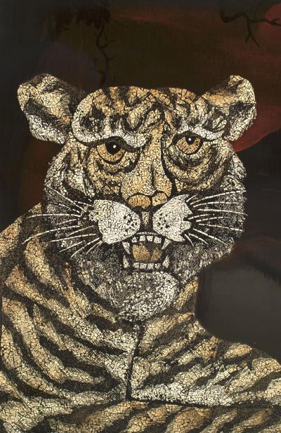 French Black Lacquered Tigers Wall Plaque