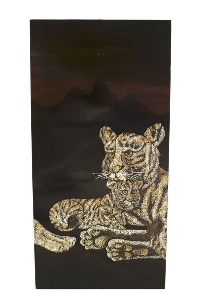 French Black Lacquered Tigers Wall Plaque
