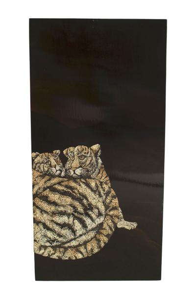 French Black Lacquered Tigers Wall Plaque