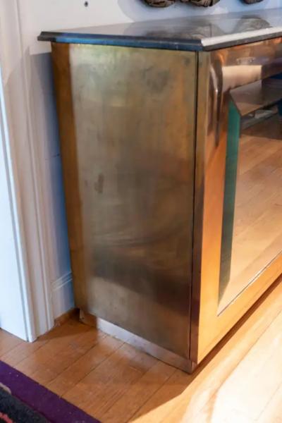 French Brass Credenza with Beveled Mirror Front and Marble Top