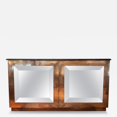 French Brass Credenza with Beveled Mirror Front and Marble Top