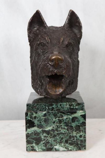 French Bronze Bust of Dog on Marble Base