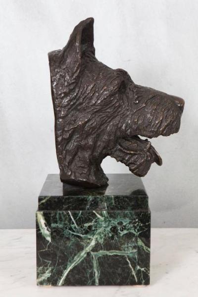 French Bronze Bust of Dog on Marble Base