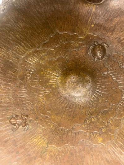 French Bronze Faux Bamboo Table With Lily Pad Top and Shelf