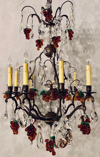 French Bronze Patina 9 Light Chandelier Cut Crystal Glass Fruit Decorations