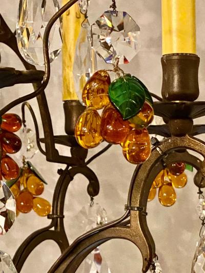 French Bronze Patina 9 Light Chandelier Cut Crystal Glass Fruit Decorations