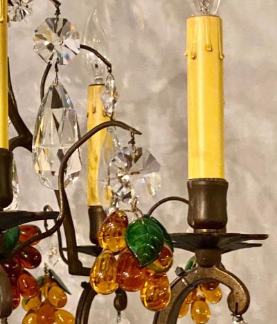French Bronze Patina 9 Light Chandelier Cut Crystal Glass Fruit Decorations