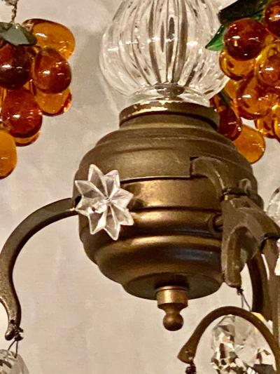 French Bronze Patina 9 Light Chandelier Cut Crystal Glass Fruit Decorations