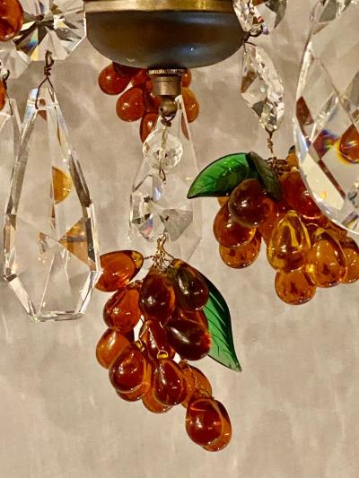 French Bronze Patina 9 Light Chandelier Cut Crystal Glass Fruit Decorations