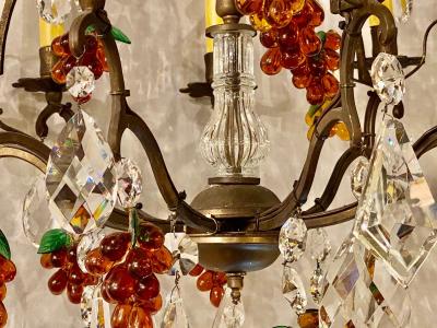 French Bronze Patina 9 Light Chandelier Cut Crystal Glass Fruit Decorations