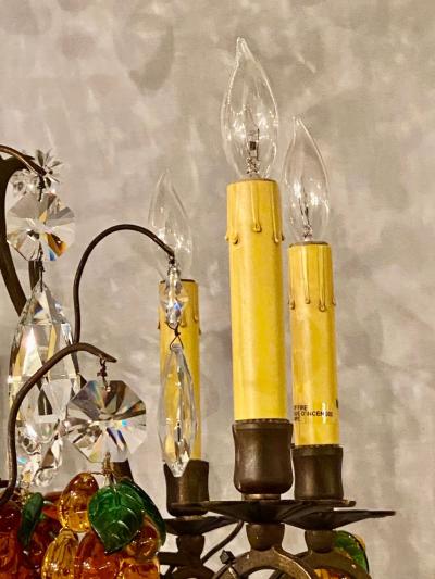 French Bronze Patina 9 Light Chandelier Cut Crystal Glass Fruit Decorations