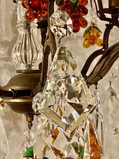 French Bronze Patina 9 Light Chandelier Cut Crystal Glass Fruit Decorations