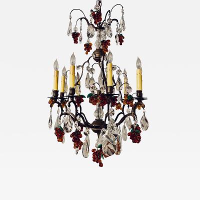 French Bronze Patina 9 Light Chandelier Cut Crystal Glass Fruit Decorations