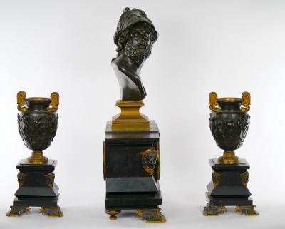 French Bronze Slate Three Piece Garniture Bust of Nenelaus