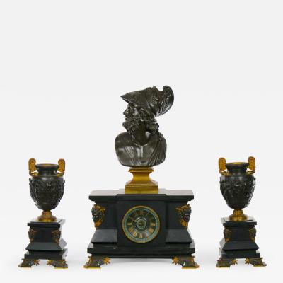 French Bronze Slate Three Piece Garniture Bust of Nenelaus