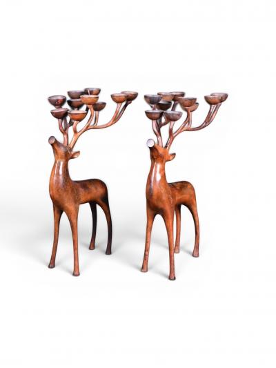 French Bronze Ten Light Candelabra with Stylised Stags Warm Patina 1970s