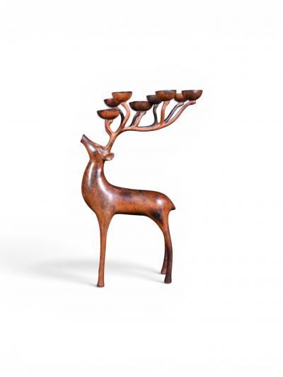 French Bronze Ten Light Candelabra with Stylised Stags Warm Patina 1970s