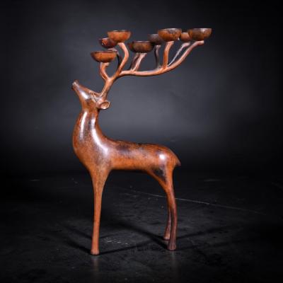 French Bronze Ten Light Candelabra with Stylised Stags Warm Patina 1970s