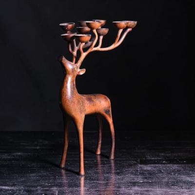 French Bronze Ten Light Candelabra with Stylised Stags Warm Patina 1970s