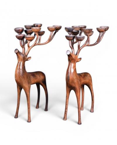 French Bronze Ten Light Candelabra with Stylised Stags Warm Patina 1970s