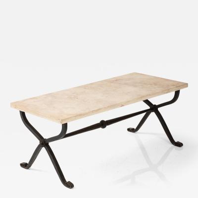 French Bronze Thick Travertine Top Coffee Table France 1940s
