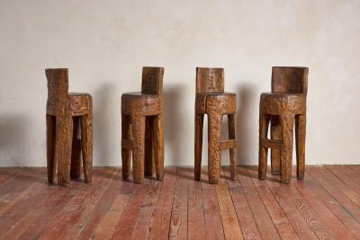 French Brutalist Carved Bar Stools Set of 4