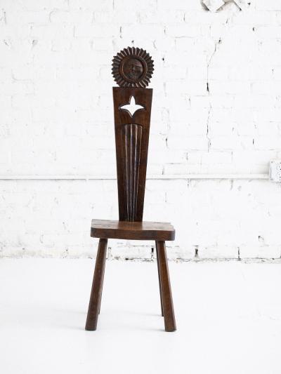 French Brutalist Carved Sun Face Stool France Circa 1950s