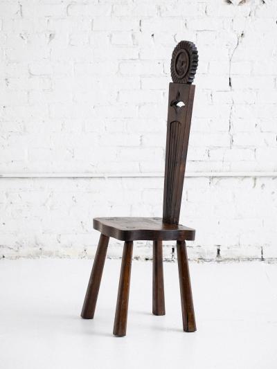 French Brutalist Carved Sun Face Stool France Circa 1950s