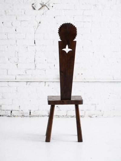 French Brutalist Carved Sun Face Stool France Circa 1950s