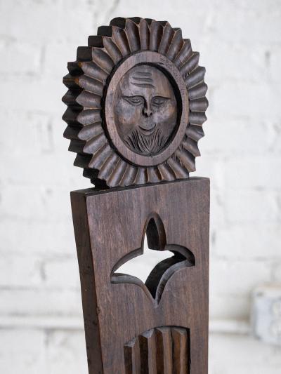 French Brutalist Carved Sun Face Stool France Circa 1950s