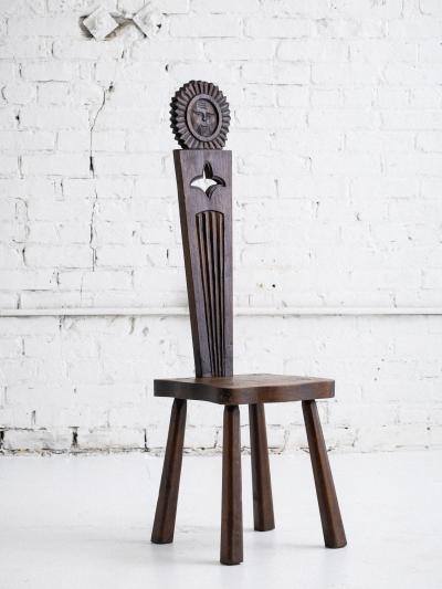 French Brutalist Carved Sun Face Stool France Circa 1950s