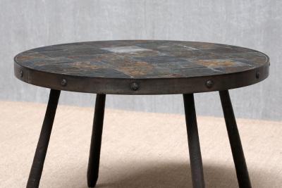 French Brutalist Round Side Table in Wrought Iron and Slate 1970s