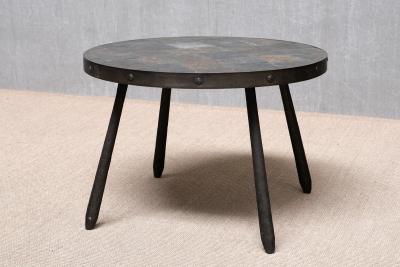 French Brutalist Round Side Table in Wrought Iron and Slate 1970s