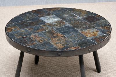 French Brutalist Round Side Table in Wrought Iron and Slate 1970s