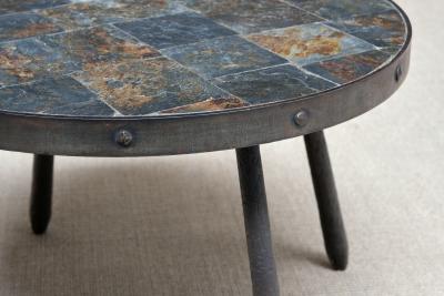 French Brutalist Round Side Table in Wrought Iron and Slate 1970s