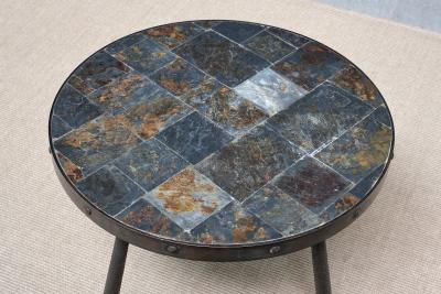 French Brutalist Round Side Table in Wrought Iron and Slate 1970s