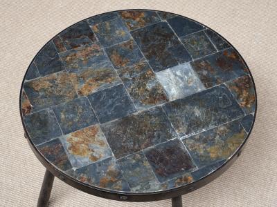French Brutalist Round Side Table in Wrought Iron and Slate 1970s