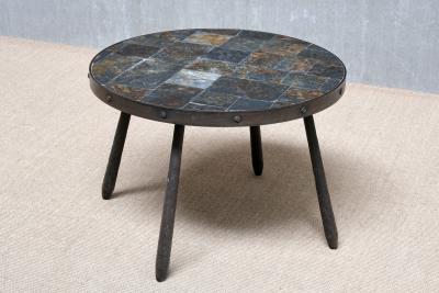 French Brutalist Round Side Table in Wrought Iron and Slate 1970s