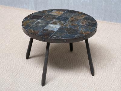 French Brutalist Round Side Table in Wrought Iron and Slate 1970s