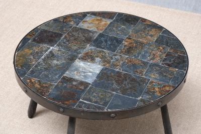 French Brutalist Round Side Table in Wrought Iron and Slate 1970s