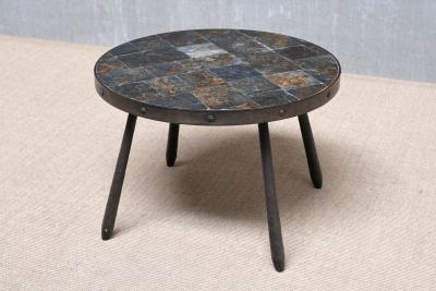 French Brutalist Round Side Table in Wrought Iron and Slate 1970s