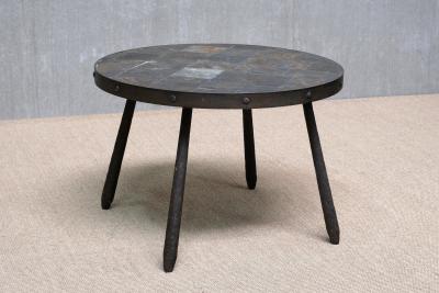 French Brutalist Round Side Table in Wrought Iron and Slate 1970s