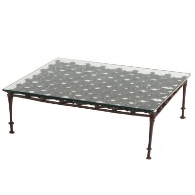 French Brutalist Style Glass Top Wrought Iron Coffee Table C 1960