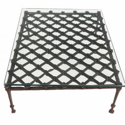 French Brutalist Style Glass Top Wrought Iron Coffee Table C 1960
