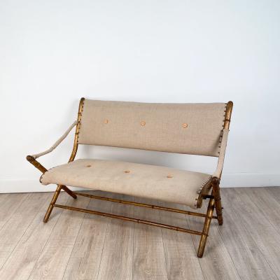 French Campaign Folding Settee in Worn Gilt Frame with Upholstery circa 1880