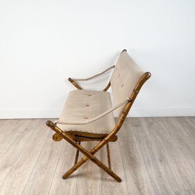 French Campaign Folding Settee in Worn Gilt Frame with Upholstery circa 1880