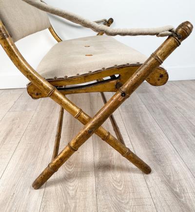 French Campaign Folding Settee in Worn Gilt Frame with Upholstery circa 1880
